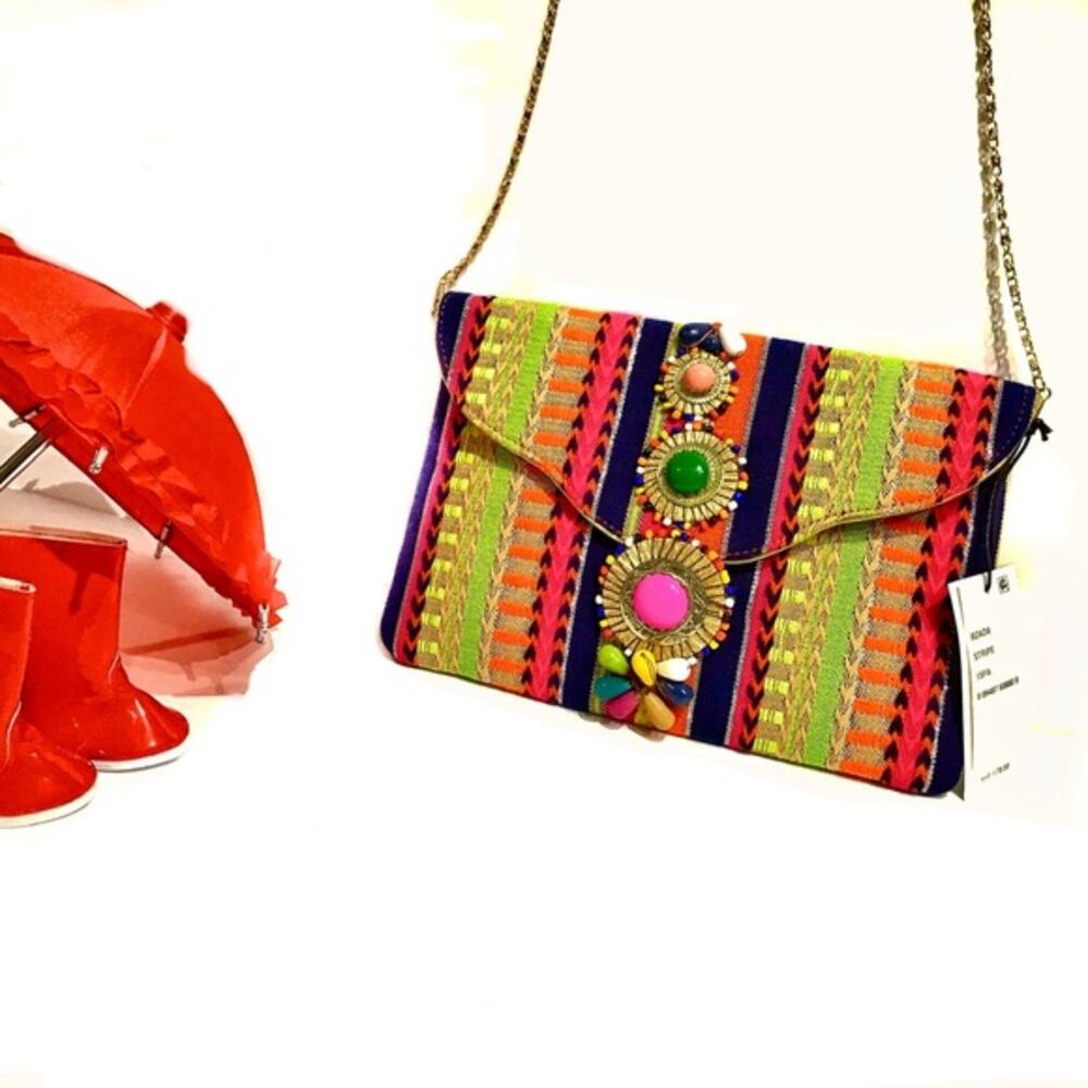 Steve Madden Clutch Crossbody Bzada Vibrant Bold Orange Green NWT Multi Stripe